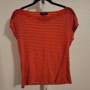 Chaps Women's Short Sleeve Striped Top Size XL Cotton Lace Crochet Neckline